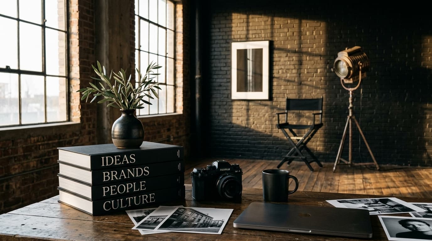 Natural luxury creative studio interior with IDEAS BRANDS PEOPLE CULTURE books, camera, and classic director chair