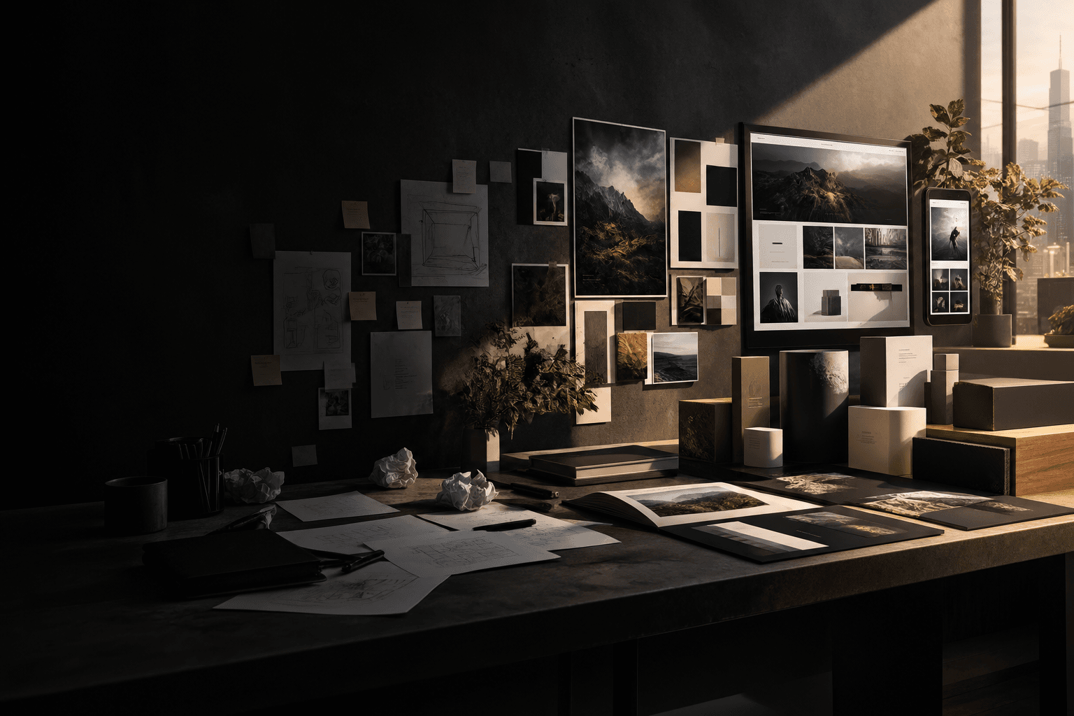 Creative studio workspace showing progression from raw ideas to refined brand, content, social and digital execution
