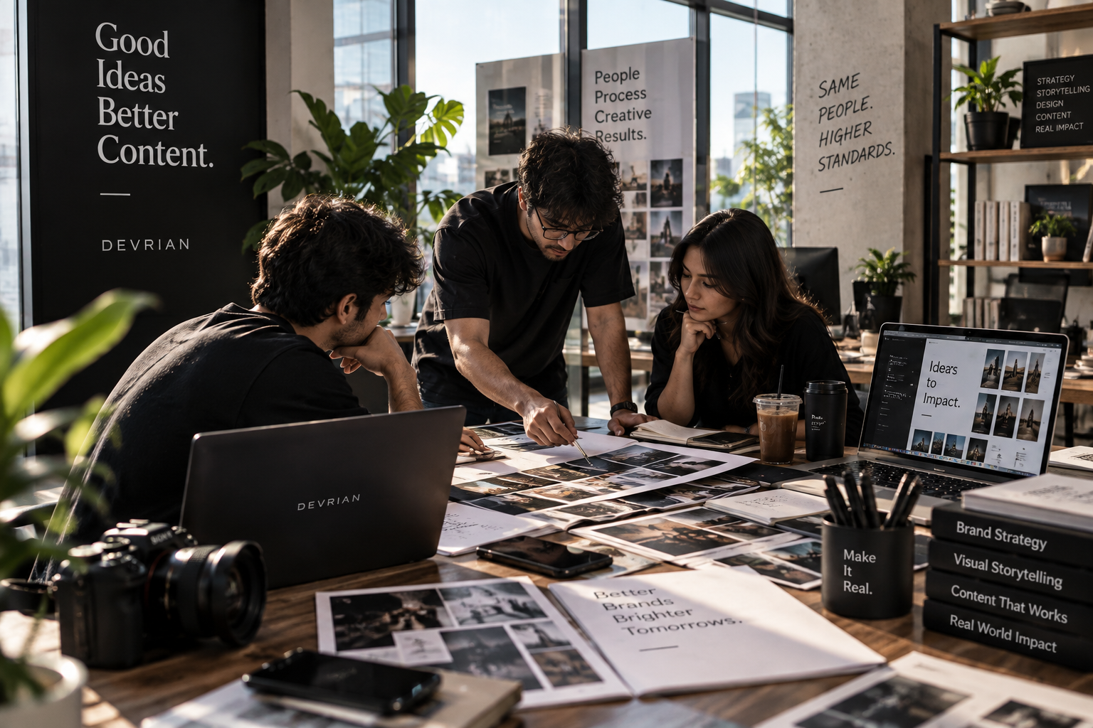 DEVRIAN creative team reviewing brand strategy and print layouts