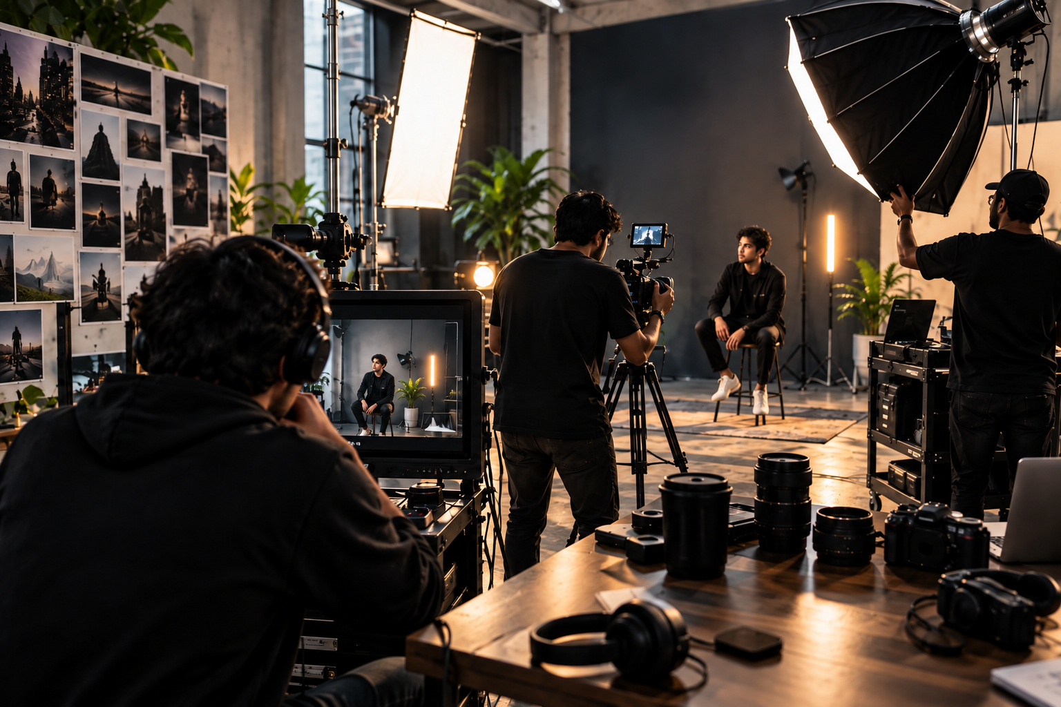 Studio production set with director, camera crew, and talent