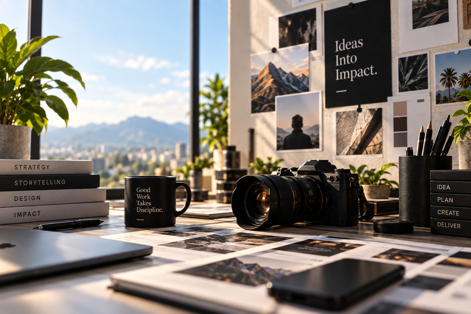 Creative studio still life featuring camera, notebooks, and panoramic window overlooking scenic mountain landscape
