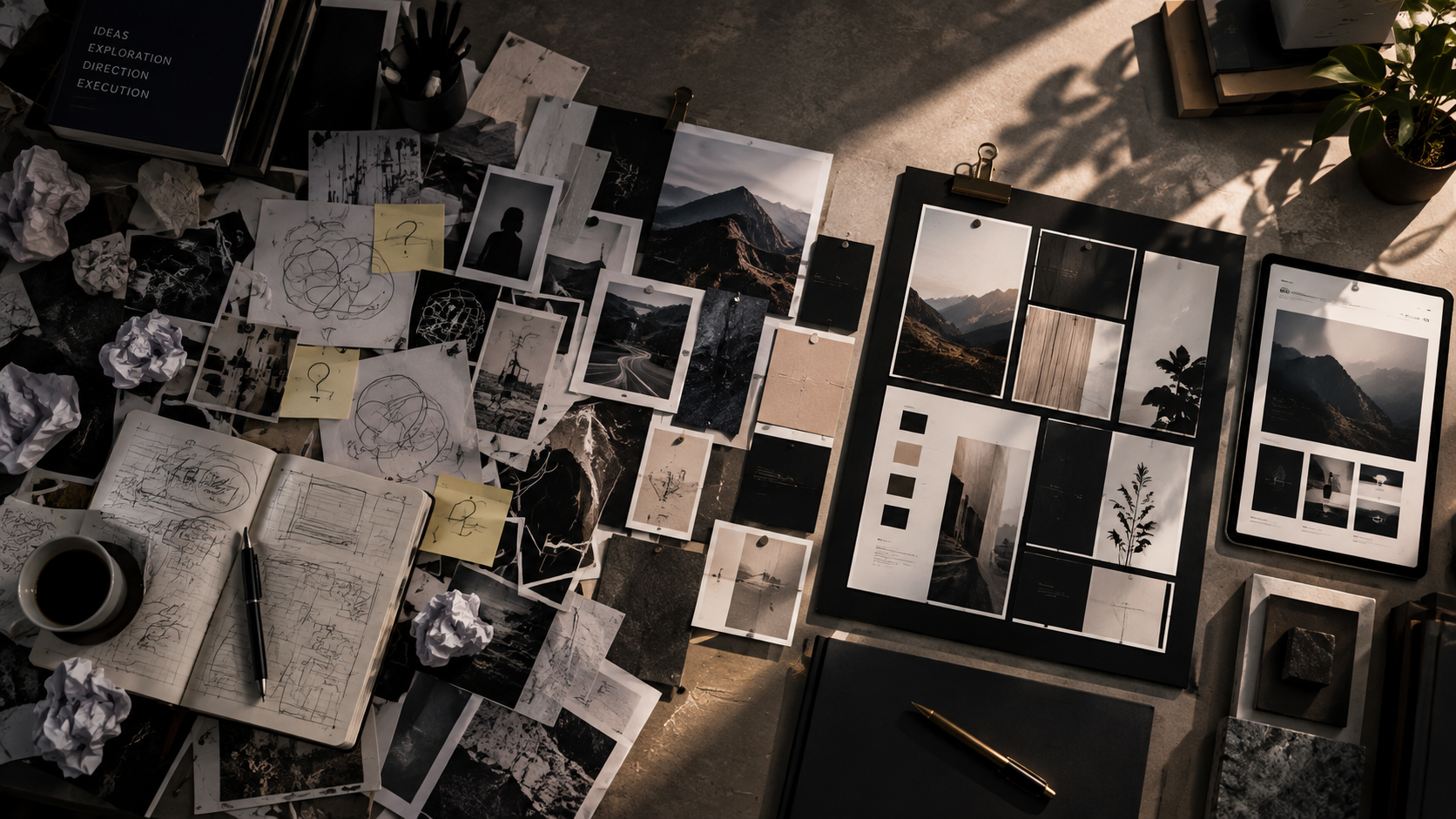 Creative studio overhead workspace showing progression from scattered ideas and sketches to structured creative direction and digital execution