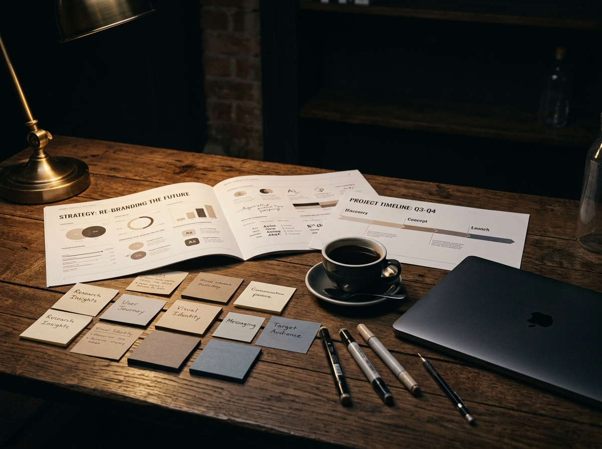 DEVRIAN project planning session — brand strategy documents, timeline, and sticky notes on studio desk