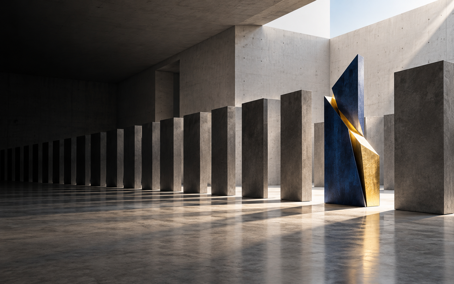 Monolithic architectural brutalist hall with singular golden sculpture standing out among uniform concrete pillars