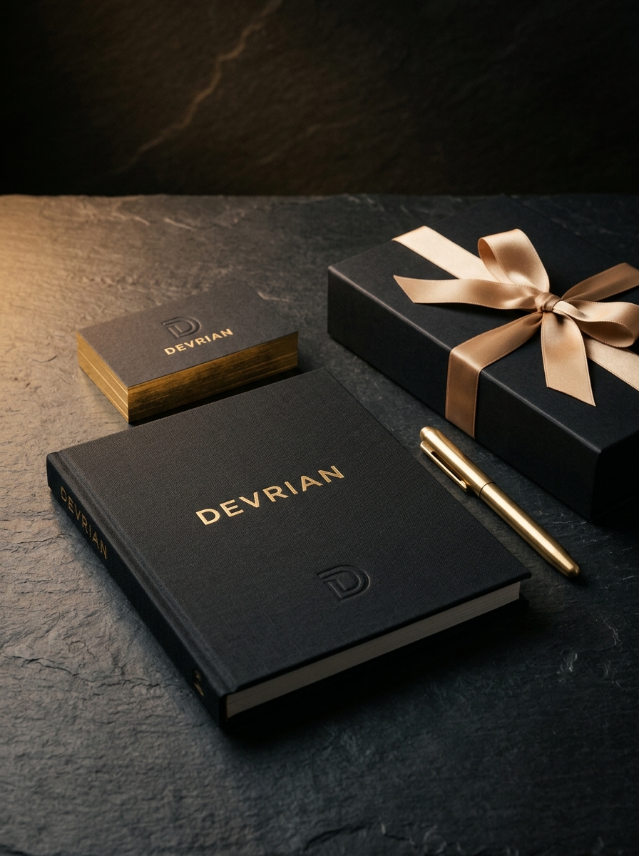 Luxury embossed DEVRIAN brand book in black linen with gold foil, matching business cards, and packaging box