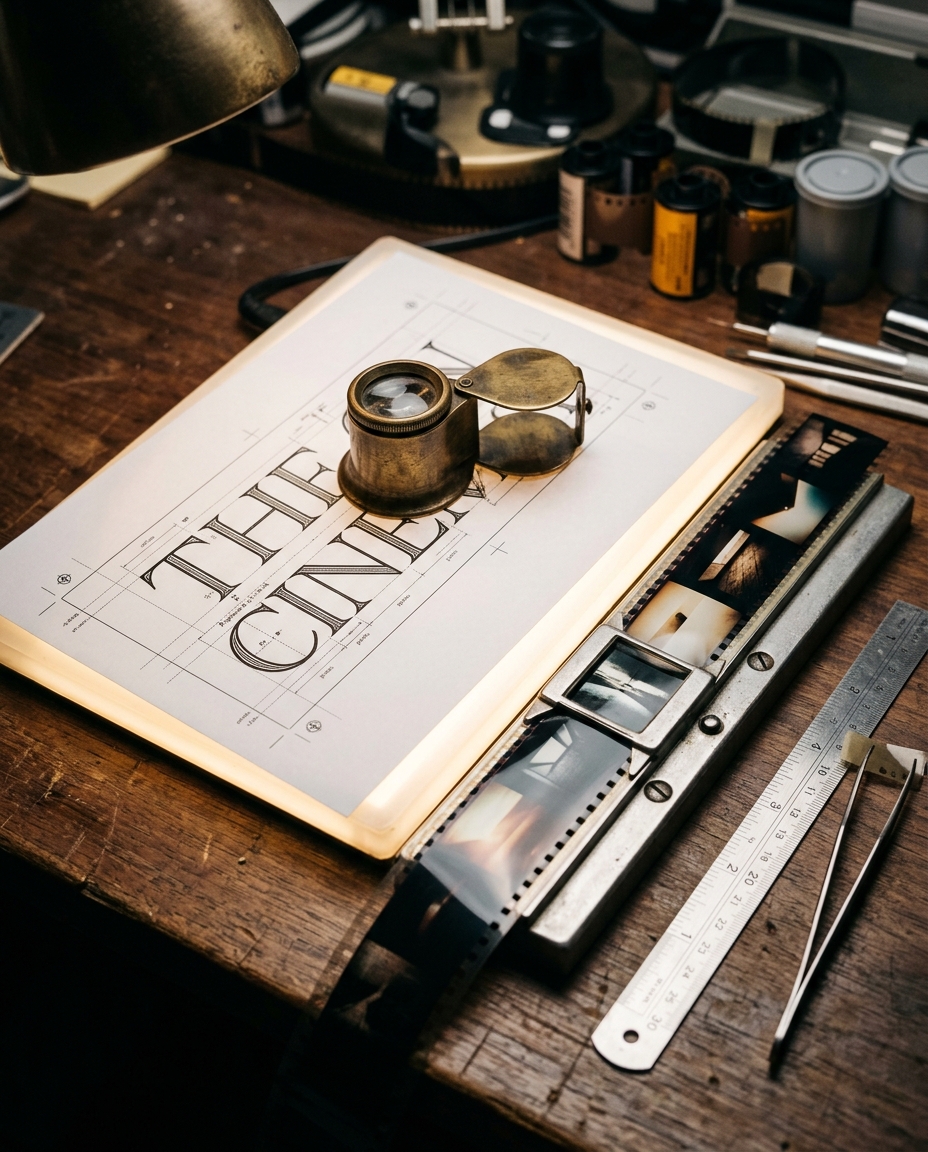 Macro photography of typography proof on light table, brass loupe, and precision design drafting tools