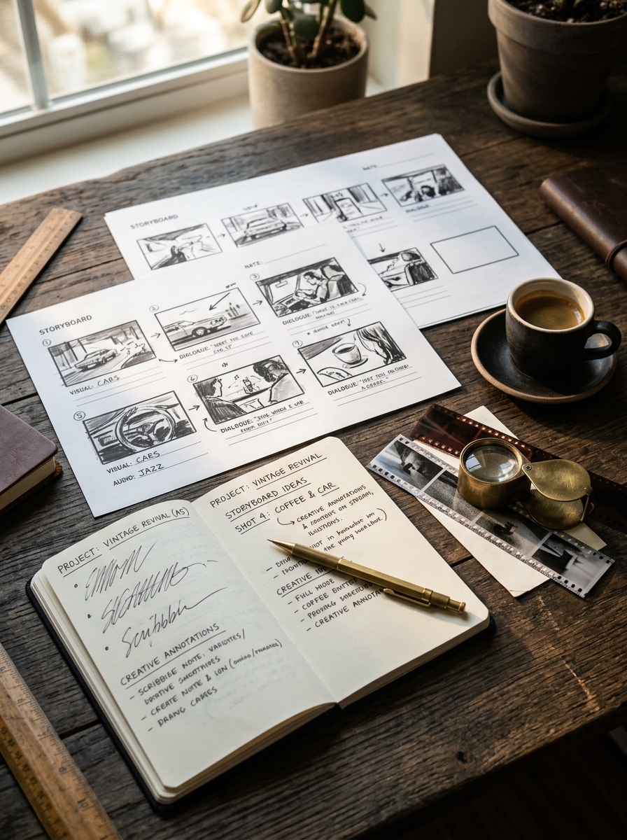 Art-directed studio workspace with storyboard sketches, notes, brass loupe, and conceptual stills