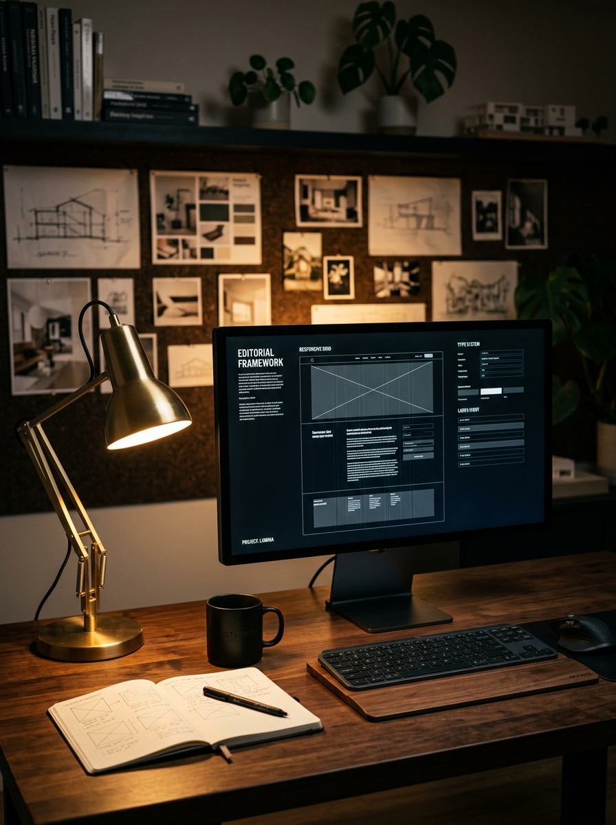 Digital design studio workspace with responsive editorial wireframe, brass lamp, and sketches