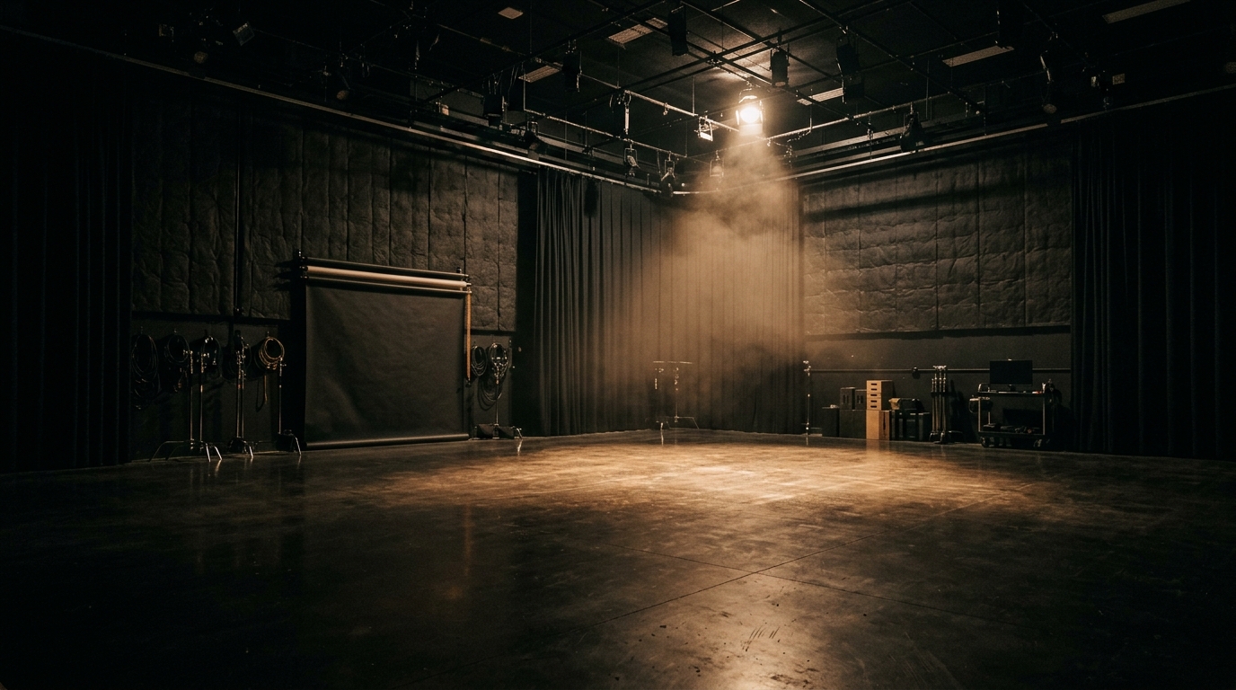 Cinematic empty production stage with atmospheric overhead light and dark studio curtains