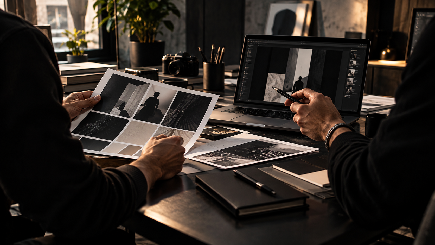 Creative leads reviewing print campaign proofs, material swatches, and digital art direction in contemporary studio workspace
