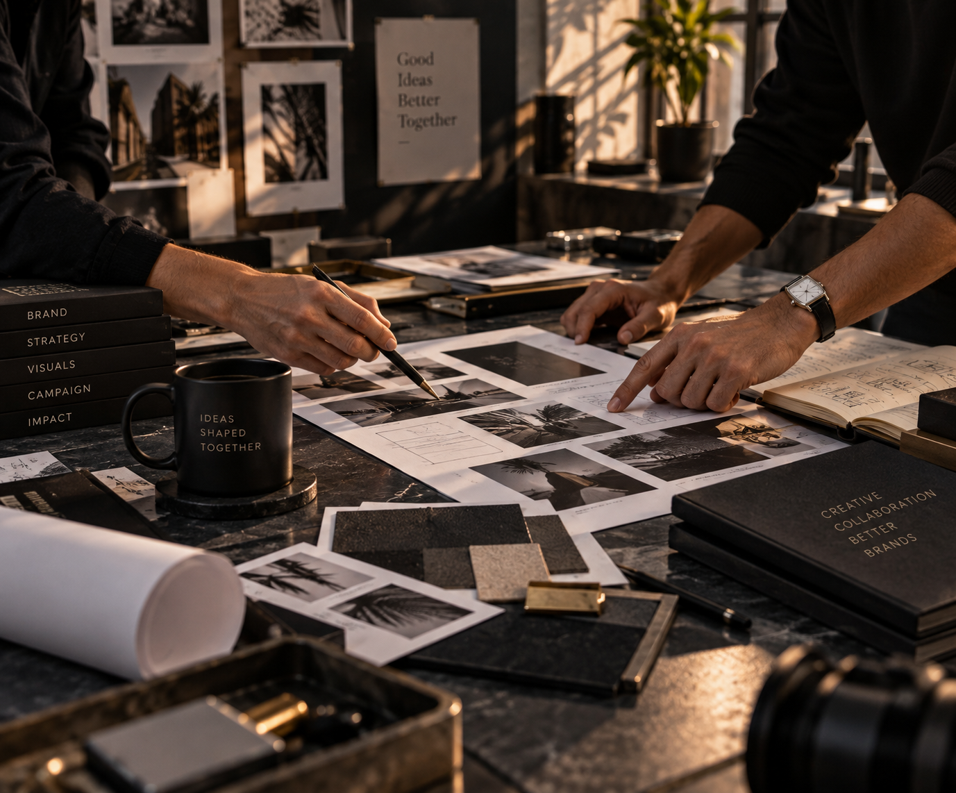 Tactile studio creative collaboration still life featuring luxury craft and design artifacts
