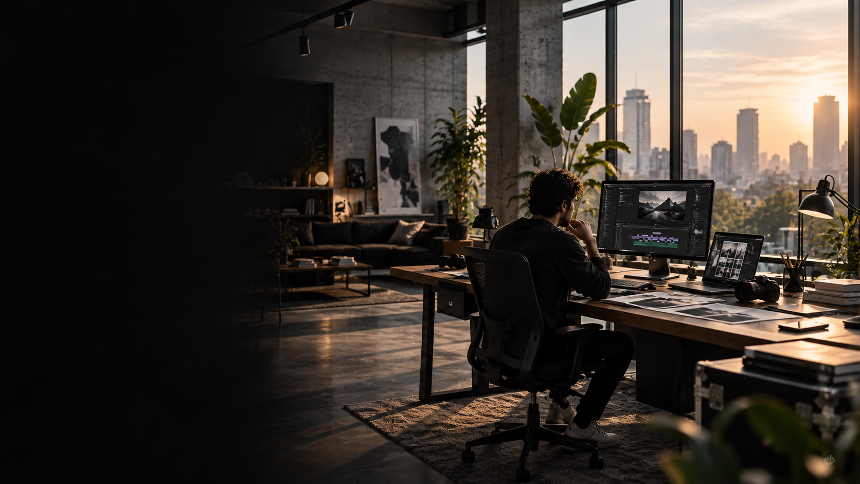 DEVRIAN creative studio workspace with creative director at workstation overlooking city skyline at sunset